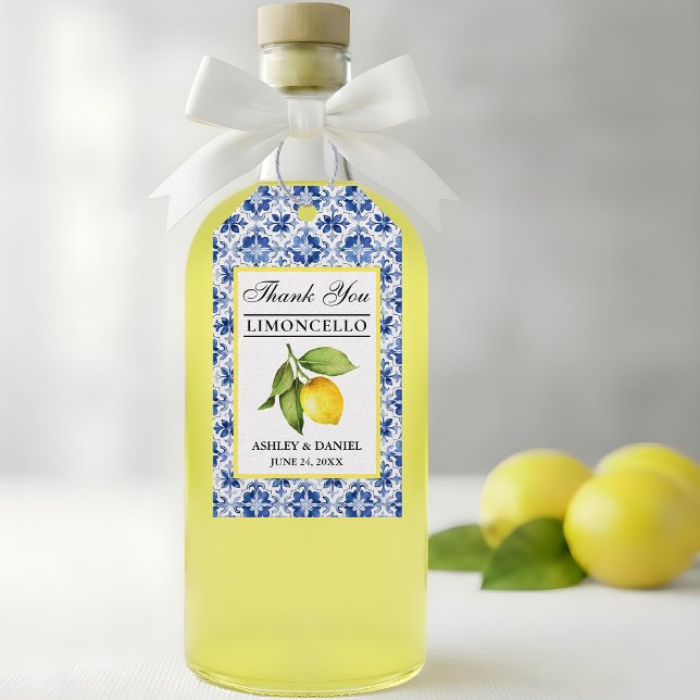 Akvarell Citron Blå Kakel Limoncello Tack Presentetikett (Customize to change text size, color or text style.)