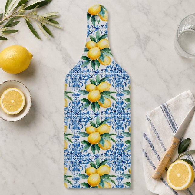 Akvarell Citron Blå Skärbräda av Kakel (elegant mediterranean lemon blue tile cutting board)