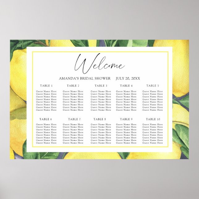 Akvarell Citron CITRUS bröllopsplatskarta Poster (Framsidan)