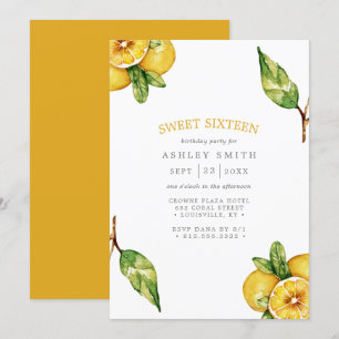 Akvarell Citron Citrus Modern Sweet 16 Inbjudningar