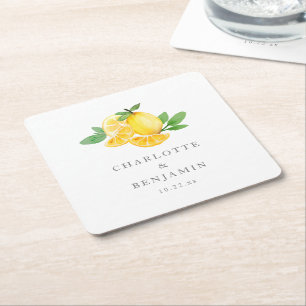 Akvarell Citron Citrus Sommarbröllop Underlägg Papper Kvadrat