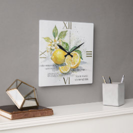Akvarell Citron Citrusfrukt Med Blommor Fyrkantig Klocka
