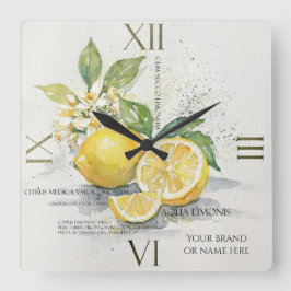 Akvarell Citron Citrusfrukt Med Blommor Fyrkantig Klocka