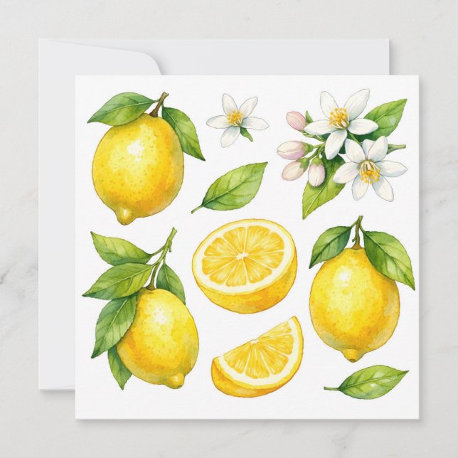 Akvarell Citron Frukt, Citronblad och Blomning  Kort (Framsida)