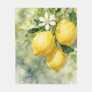 Akvarell Citron Gren Botanisk Sommar Fleecefilt