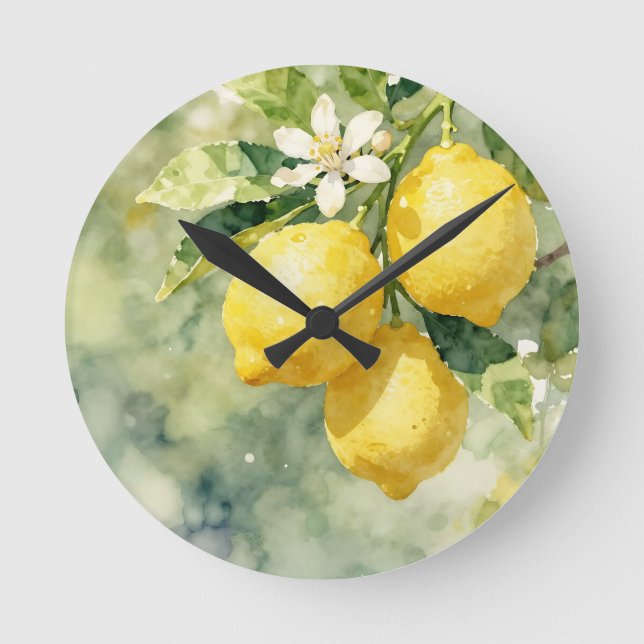 Akvarell Citron Gren Botanisk Sommar Rund Klocka (Framsida)