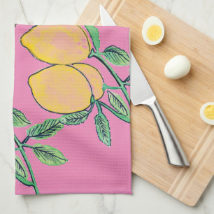 Akvarell Citron Knippe Handmålad Rosa Kökshandduk
