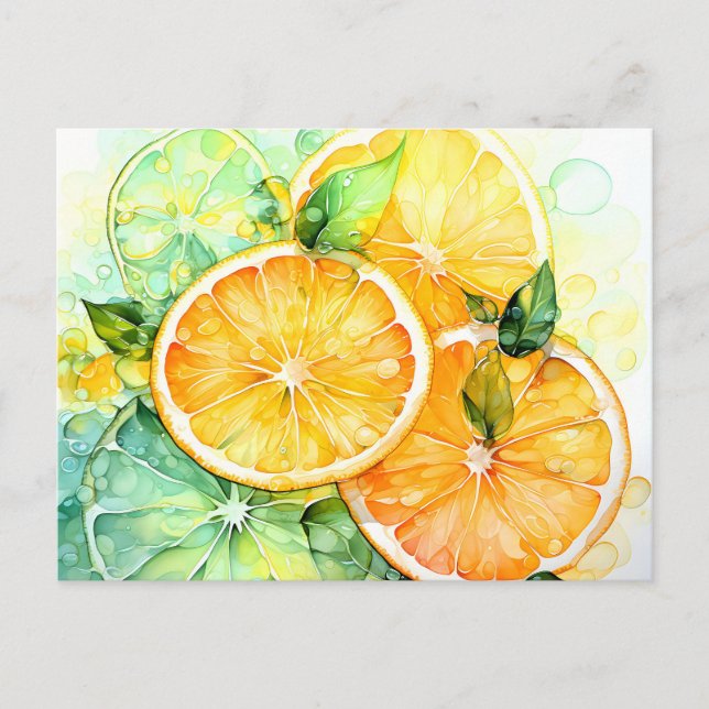 Akvarell Citron Orange Lime Botanisk Kök Helg Vykort (Framsida)