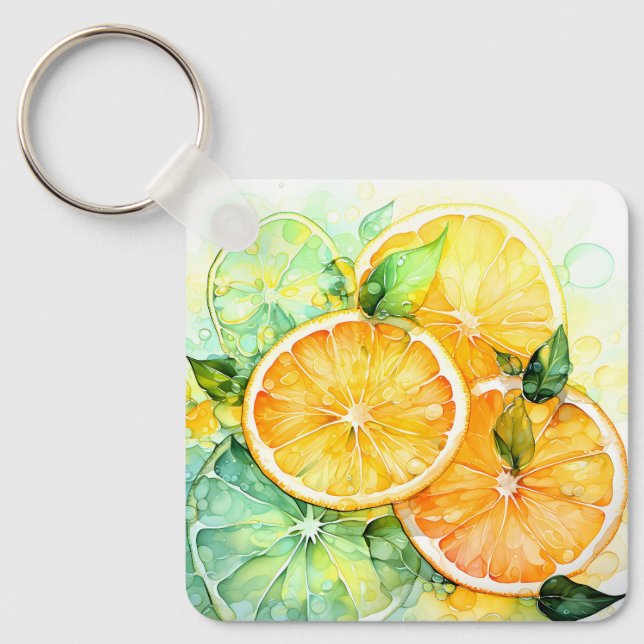 Akvarell Citron Orange Lime Botanisk Kök Nyckelring (Framsida)