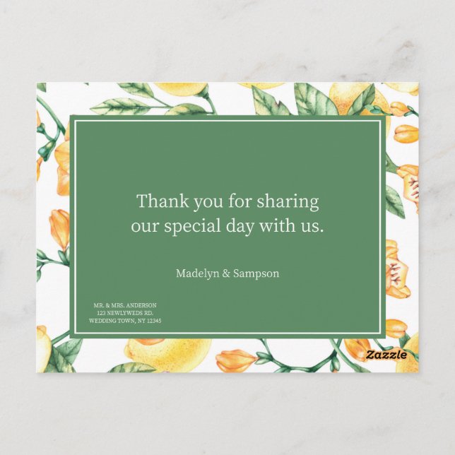 akvarell citron trädgård gul bröllop Postkort Vykort (Baksida)