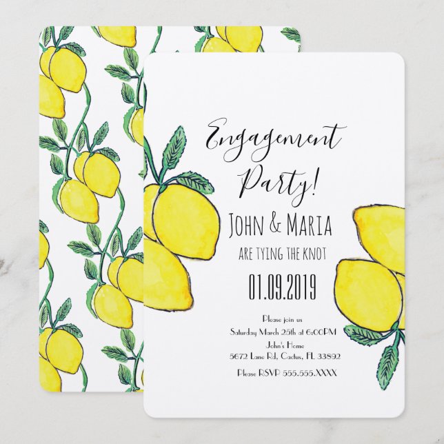 Akvarell Citron Vin Grönska Bröllop Kraft Inbjudningar (Fram/baksida)