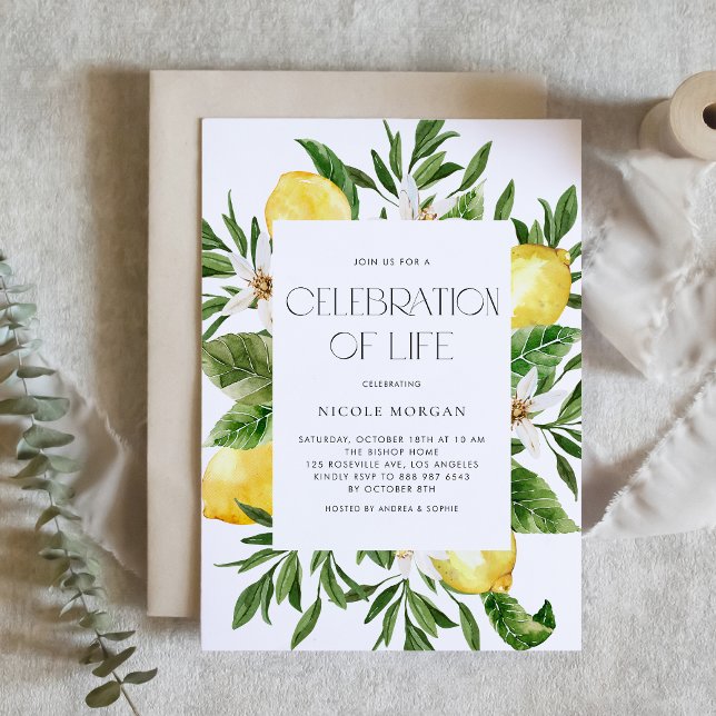 Akvarell Citronblom Ram Livets Firande Inbjudningar (Custom Celebration of Life invitation featuring watercolor lemons, blossoms, and greenery.)