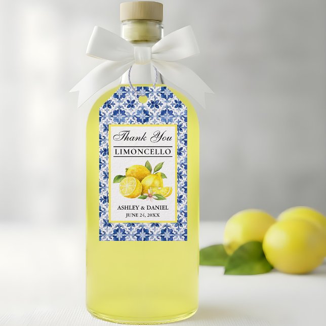 Akvarell Citroner Blå Kakel Limoncello Tack Presentetikett (Customize to change text size, color or text style.)