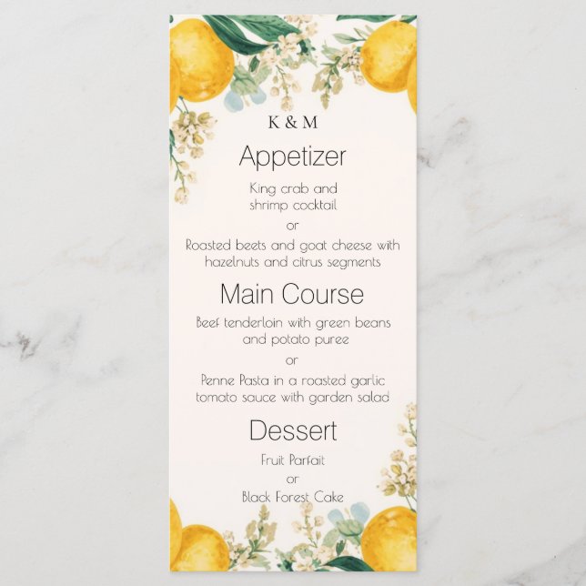 Akvarell Citroner & Blommor Elegant Middag Meny (Framsida)