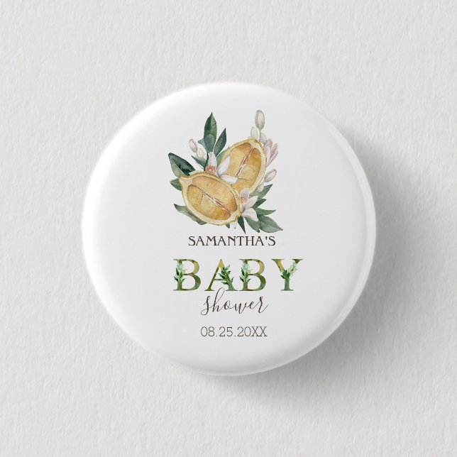 Akvarell Citroner Botanisk Bebis Shower Knapp (Framsida)