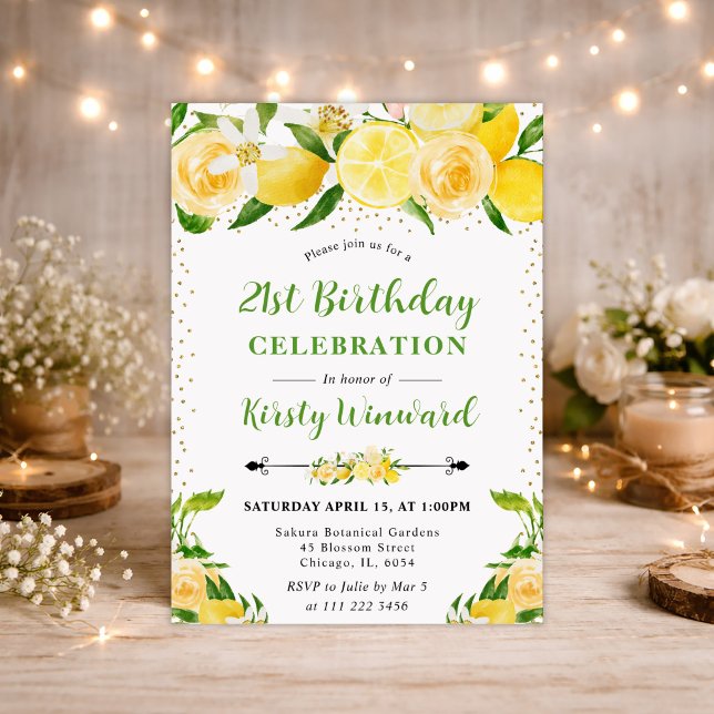 Akvarell Citroner och Blommor 21-årsdag Inbjudningar (Skapare uppladdad)