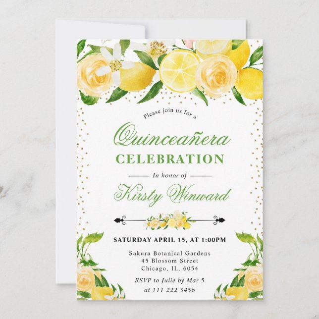 Akvarell Citroner och Blommor Quinceanera Inbjudningar (Framsida)