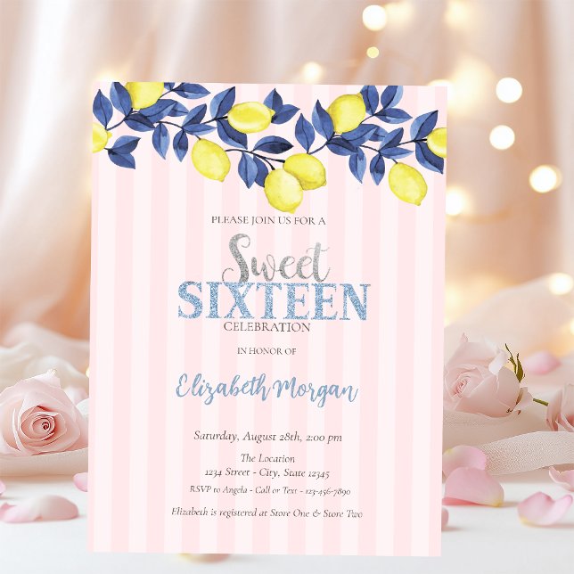Akvarell Citroner Rosa Randig Sweet 16 Inbjudningar (Skapare uppladdad)