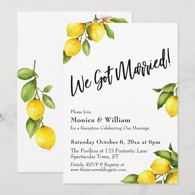 Akvarell Citroner Vi Gift Typografi Inbjudningar (Fram/baksida)