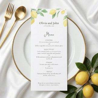 Akvarell Citronlöv Elegant Bröllopsmeny Meny