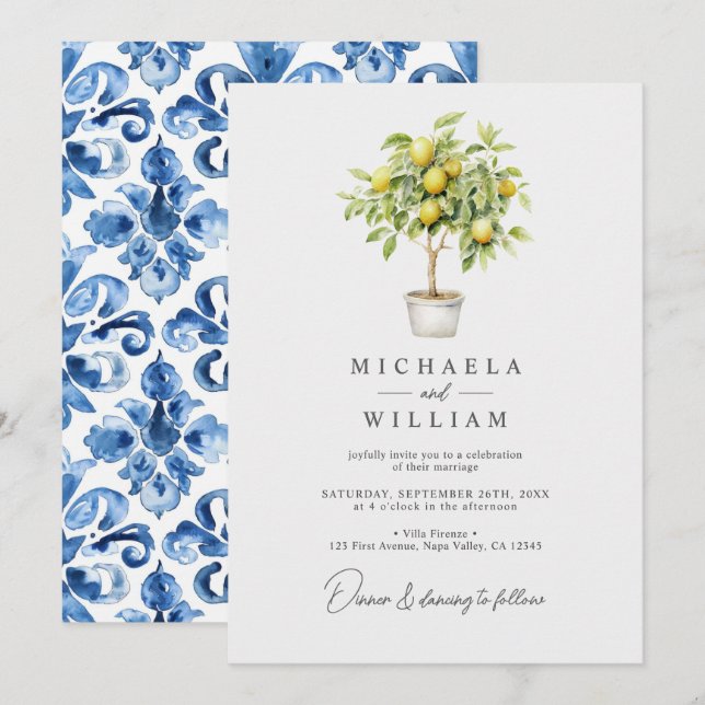 Akvarell Citronträd & Medelhavsplattor Bröllop Inbjudningar (Fram/baksida)