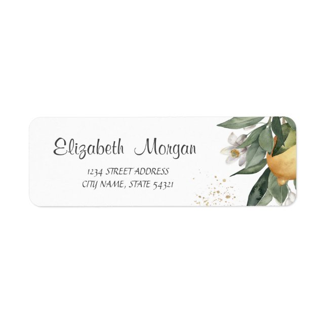 Akvarell Citrus Citroner Blommar Returadress Etikett (Framsidan)