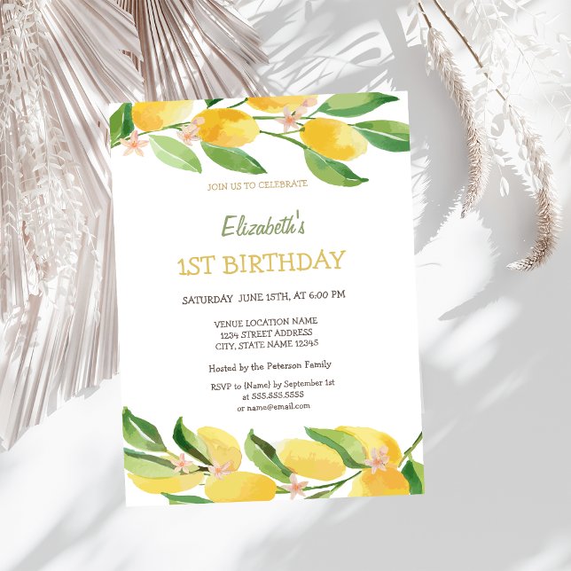 Akvarell Citrus Citroner Blommor Födelsedag Inbjudningar (Skapare uppladdad)