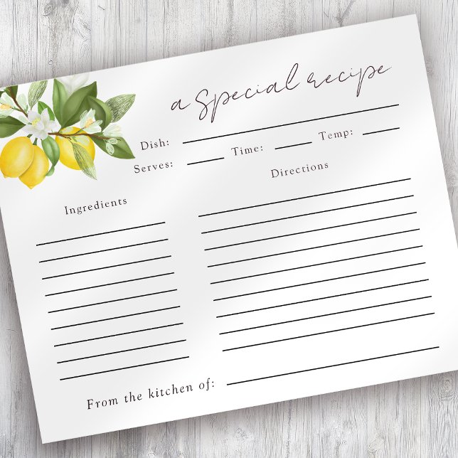 Akvarell Citrus Citroner Bröllopsdusch Receptkort (Skapare uppladdad)