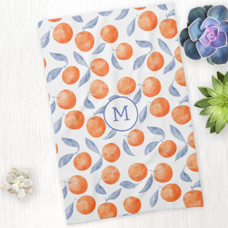 Akvarell Citrus Orange Medelhavsmonogram Kökshandduk