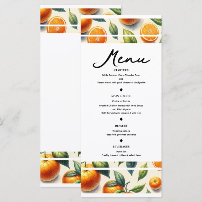 Akvarell Citrus Orangeblad Bröllopsmeny Meny (Fram/baksida)