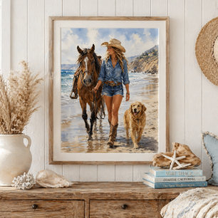 Akvarell Coastal Cowgirl Strandpromenad Väggkonst