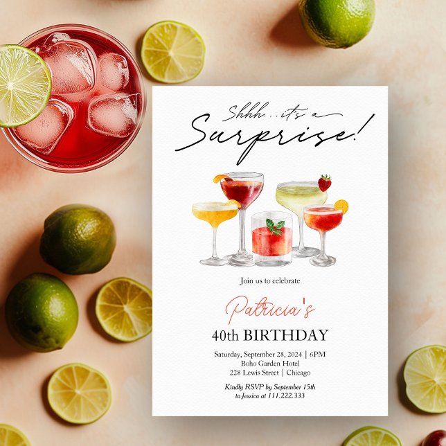 Akvarell Cocktail Överraskning 40-årsdag Inbjudningar (Skapare uppladdad)