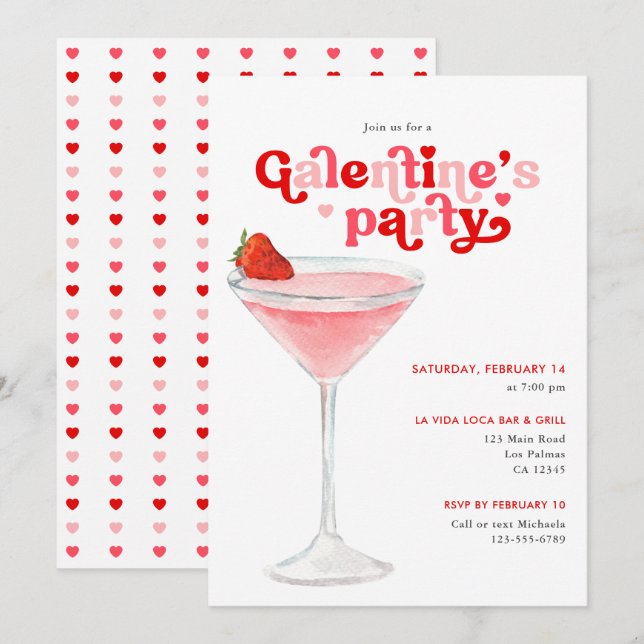 Akvarell Cocktail Retro Galentine's Day-fest Inbjudningar (Fram/baksida)