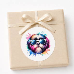 Akvarell Cool Shih Tzu Hund som bär solglasögon Runt Klistermärke