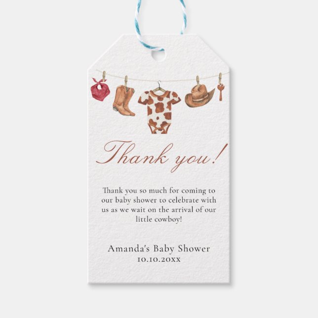 Akvarell cowboy Baby Shower Tack Presentetikett (Framsidan)