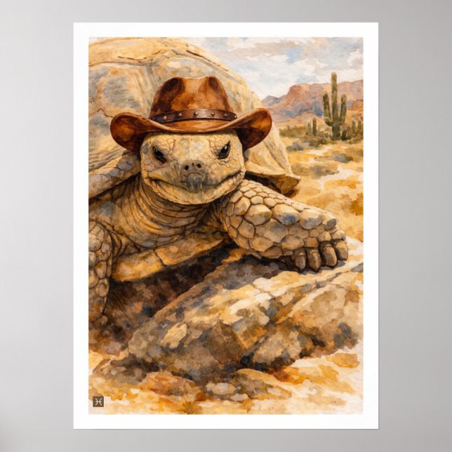 Akvarell Cowboy Sköldpadda i öknen Poster (Framsidan)