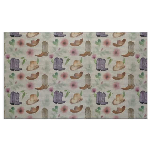 Akvarell Cowboy Stövlar och Hattar Western Tyg (Fat Quarter)
