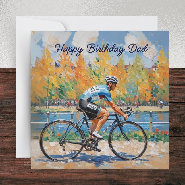 Akvarell Cykling Cykeltävling Pappa Glad Födelseda Kort (A stylish card with picture of a cyclist in a bicycle race and 'Happy Birthday Dad' greeting)