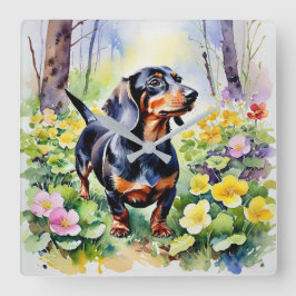 Akvarell Dachshund Sausage Dog Woodland Primrose Fyrkantig Klocka