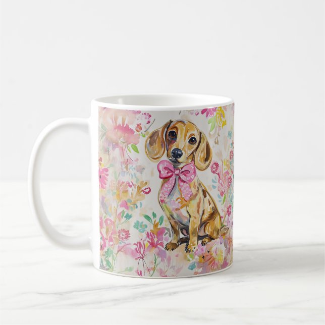Akvarell Dackel Kaffe Mugg Rosa Blommor (Vänster)