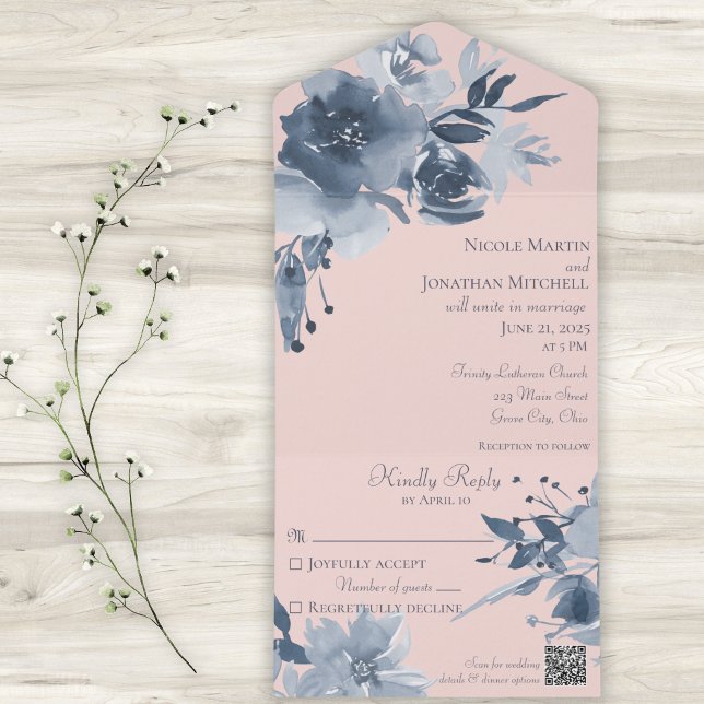 Akvarell Dammig Blå Blomma på Rosaton med QR-kod (Skapare uppladdad)