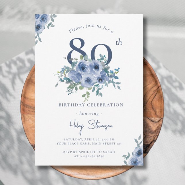 Akvarell Dammig Blå Blommig 80-års Chic Födelsedag Inbjudningar (Skapare uppladdad)