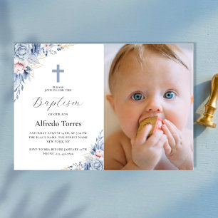 Akvarell Dammig Blå Blommig Bebis Foto Dop Magnetisk Inbjudningskort