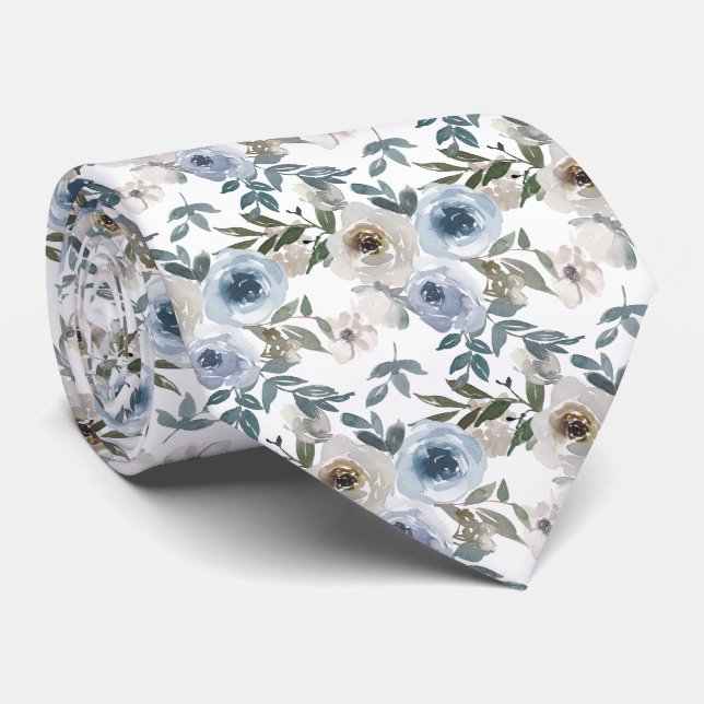 Akvarell Dammig Blå Blommig Bröllop  Slips (Rullad)