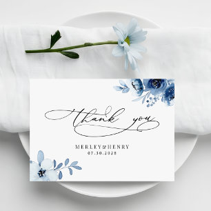 Akvarell Dammig Blå Blommig Elegant Bröllop Tack Kort