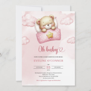 Akvarell dammig rosa och elfenbensfärgad teddybjör inbjudningar