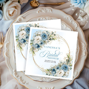 Akvarell dammiga blå blommor guld ram bröllop pappersservett