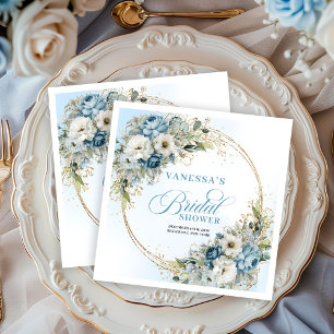 Akvarell dammigt blå blommor guld bröllopsdusch pappersservett