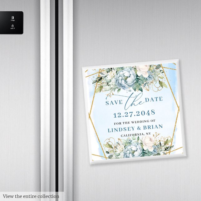 Akvarell Dammtorpsblå Peonier Guld Spara Datum Magnet (Watercolor Dusty Blue Peonies Gold Save The Date)