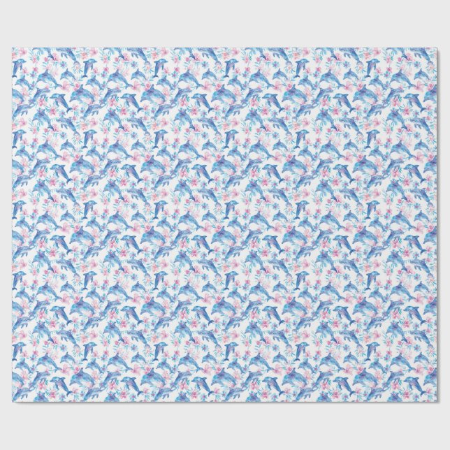 Akvarell Delfin Blommig Presentpapper (Platt)